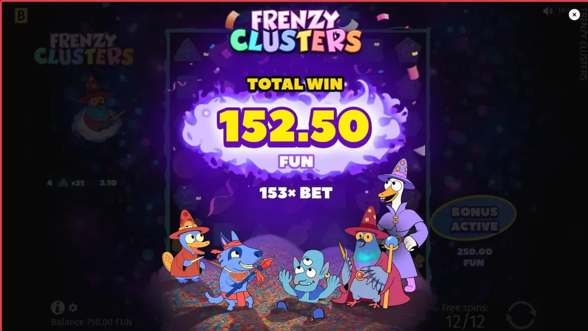 Frenzy Clusters স্লট গেমের রঙিন গ্রিড এবং হিরো ক্যারেক্টার